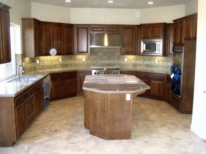 Ideas Beautiful U Shape Kitchen Decoration Using Rectangular Cream Granite Top Solid Wood Kitchen Island Including Solid Cherry Wood Kitchen Cabinet As Well As Grey Travertine Tile Kitchen Backsplash Ways To Clean Granite Kitchen Tops