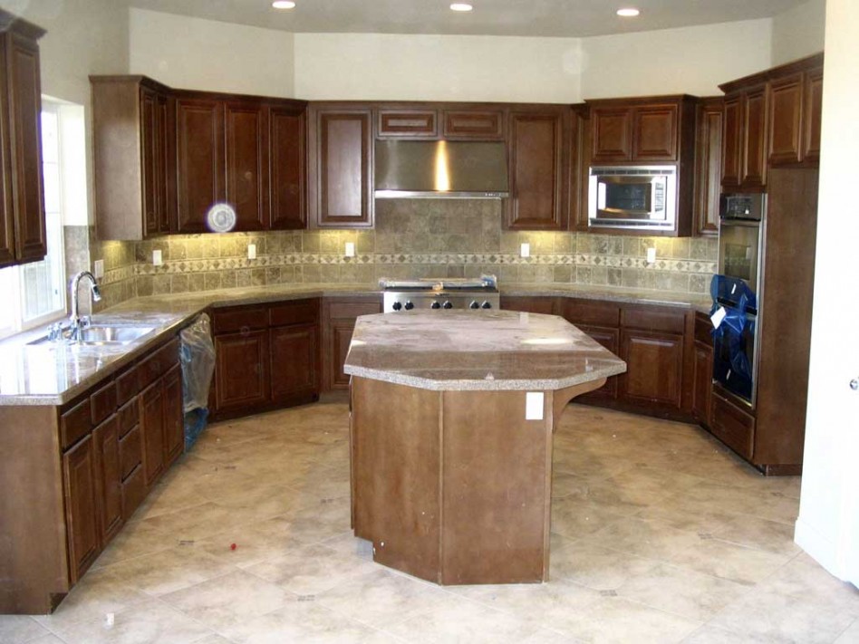 Beautiful U Shape Kitchen Decoration Using Rectangular Cream Granite Top Solid Wood Kitchen Island Including Solid Cherry Wood Kitchen Cabinet As Well As Grey Travertine Tile Kitchen Backsplash Ideas