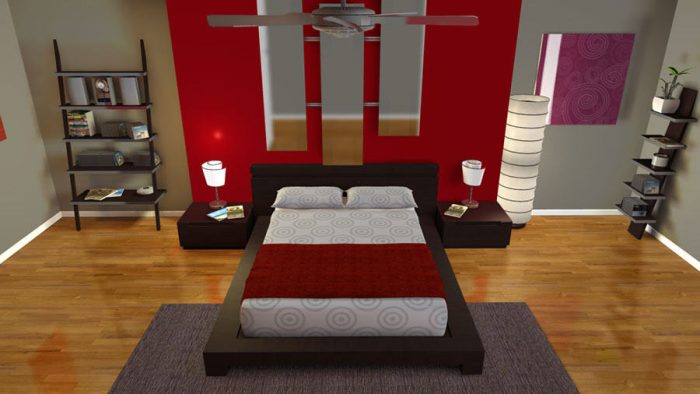 Ideas Medium size Bedroom Interior Decorating Programs With Laminated Flooring Program And Great Red Color In Combination With Elegant Bed Sets And Wooden Cabinets
