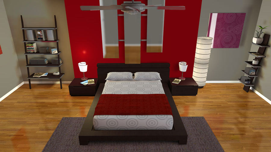 Bedroom Interior Decorating Programs With Laminated Flooring Program And Great Red Color In Combination With Elegant Bed Sets And Wooden Cabinets Ideas