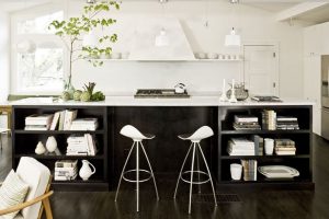 Ideas Thumbnail size Black And White Kitchen Design Ideas With Wooden Flooring Design And Kitchen Island Design With White Bar Stool And Book Storage Design Ideas