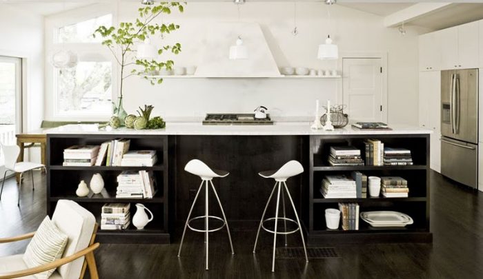 Ideas Black And White Kitchen Design Ideas With Wooden Flooring Design And Kitchen Island Design With White Bar Stool And Book Storage Design Ideas Unique Shelving Units For Books