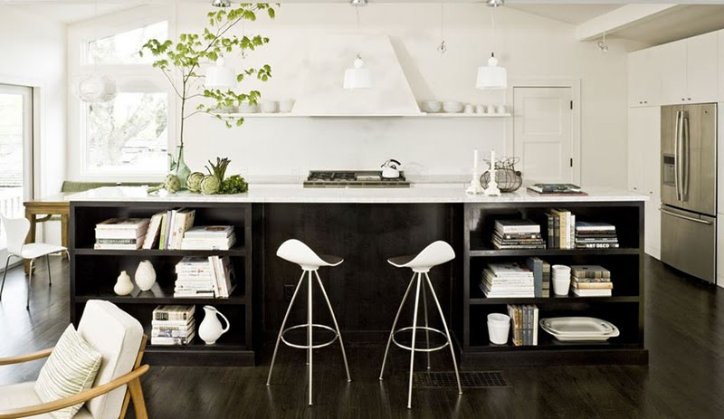Black And White Kitchen Design Ideas With Wooden Flooring Design And Kitchen Island Design With White Bar Stool And Book Storage Design Ideas Ideas