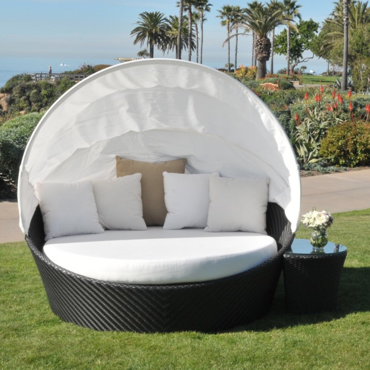 Black Rattan Frame Base As Well As Curvy White Canopy Near Black Wooden Table On Green Grass Yard Fascinating Scheme Of Outdoor Daybed Escorted By Canopy Showing Modern Plan Ideas