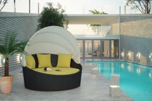 Ideas Thumbnail size Black Rattan Frame Base As Well As White Canopy On Grey Stone Floor Near Blue Pool Fascinating Scheme Of Outdoor Daybed Escorted By Canopy Showing Modern Plan