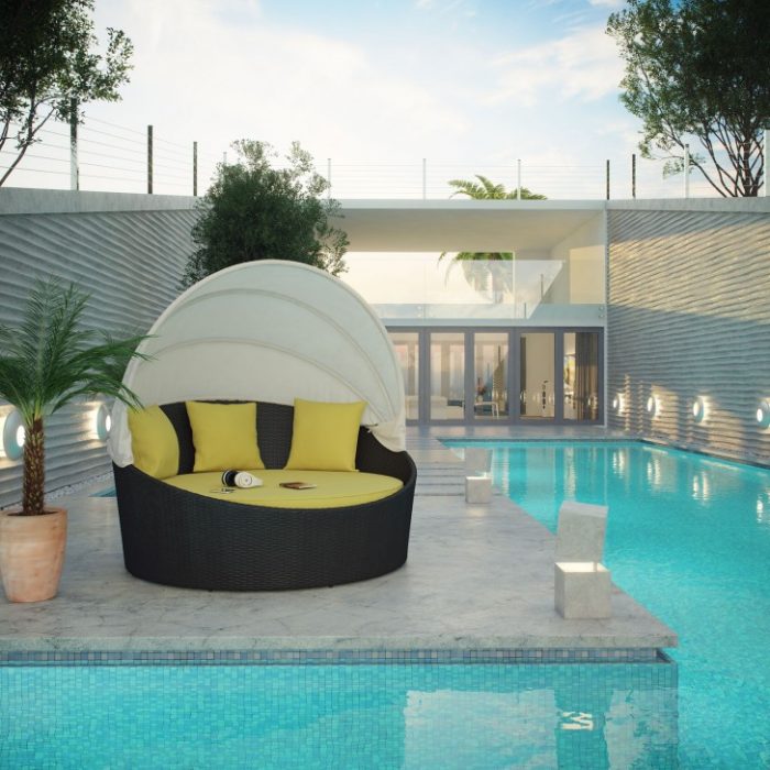 Ideas Black Rattan Frame Base As Well As White Canopy On Grey Stone Floor Near Blue Pool Fascinating Scheme Of Outdoor Daybed Escorted By Canopy Showing Modern Plan Various Contemporary Designs Of Outdoor Beds