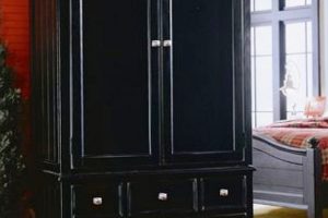 Interior Design Thumbnail size Black Wardrobe Armoire Design And Carpet Flooring With Wooden Material And Dark Appearance For Bedroom Design Ideas With Laminate Flooring Design And Mini Clock Ideas