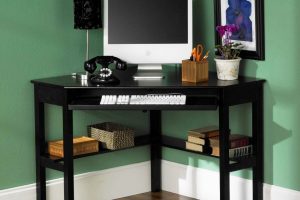 Furniture + Accessories Thumbnail size Black Wooden Small Computer Desk Set And Desk Lamp And On The Corner Room With Shelf And Laminate Flooring Design With Green Wall Design Ideas