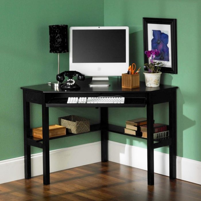 Furniture + Accessories Black Wooden Small Computer Desk Set And Desk Lamp And On The Corner Room With Shelf And Laminate Flooring Design With Green Wall Design Ideas Determining And Managing Computer Desk Designs