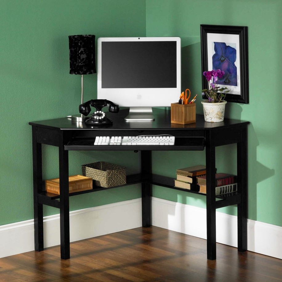 Black Wooden Small Computer Desk Set And Desk Lamp And On The Corner Room With Shelf And Laminate Flooring Design With Green Wall Design Ideas Furniture + Accessories