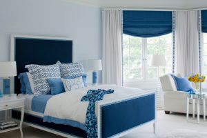 Ideas Thumbnail size Blue Bedroom Design Ideas With Blue Wall Blue Cozy Bed Pillow White Bed Covers Table Lamp Glass Window White Flooring White Fur Rug White Comfy Sofa Blue Cushion Floor Lamp White Cmodular Houses