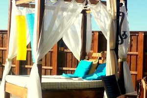 Ideas Thumbnail size Blue Brown Cushion On Brown Wooden Frame As Well As Brown Wooden Canopy Escorted By White Fabric Valance Fascinating Scheme Of Outdoor Daybed Escorted By Canopy Showing Modern Plan