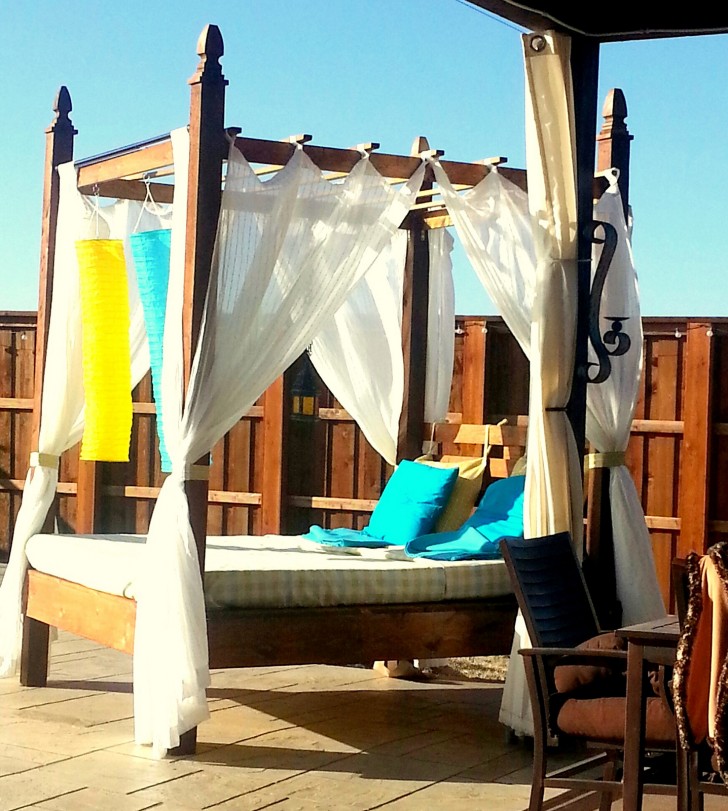 Blue Brown Cushion On Brown Wooden Frame As Well As Brown Wooden Canopy Escorted By White Fabric Valance Fascinating Scheme Of Outdoor Daybed Escorted By Canopy Showing Modern Plan Ideas