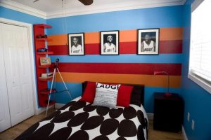 Interior Design Thumbnail size Boy Bedroom With Colorful Stripes Ornament Design Of Wall And Bright Red Rack To Store Things Next To Cozy Black Bed Dressed With Black Polkadot Bed Cover Ideas