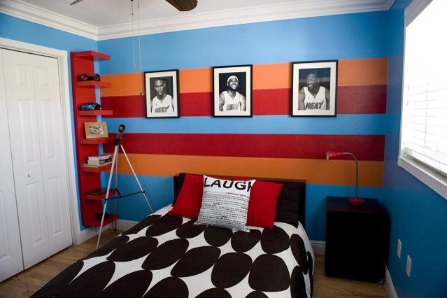 Interior Design Boy Bedroom With Colorful Stripes Ornament Design Of Wall And Bright Red Rack To Store Things Next To Cozy Black Bed Dressed With Black Polkadot Bed Cover Ideas Storing Coat Correctly In Cool Coat Rack