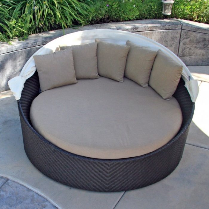 Ideas Brown Cushions Escorted By Black Rattan Frame Base Also Curvy White Canopy On Grey Stone Floor Fascinating Scheme Of Outdoor Daybed Escorted By Canopy Showing Modern Plan Various Contemporary Designs Of Outdoor Beds