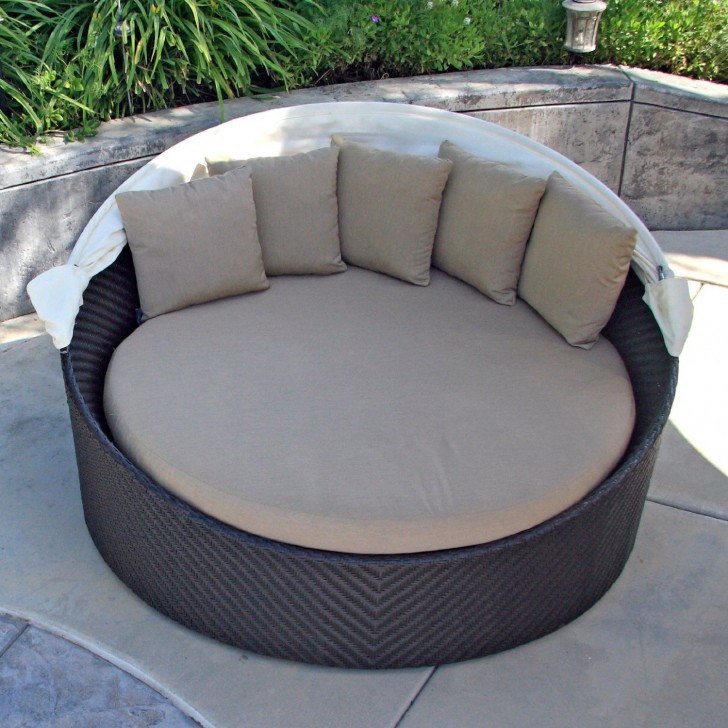 Brown Cushions Escorted By Black Rattan Frame Base Also Curvy White Canopy On Grey Stone Floor Fascinating Scheme Of Outdoor Daybed Escorted By Canopy Showing Modern Plan Ideas