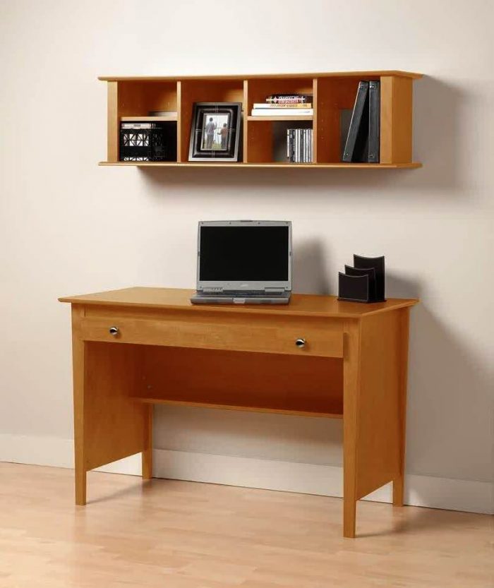 Furniture + Accessories Medium size Brown Small Computer Desk Design And Cream Wall Design Ideas And Floating Shelf With Long Drawer Design With Wooden Flooring Design For Home Office Design Ideas