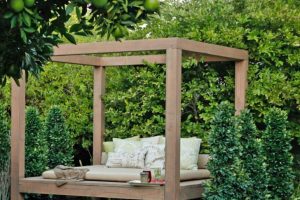 Ideas Thumbnail size Brown Wooden Canopy As Well As White Pattern Pillows Near Green Tree On Green Grass Yard Fascinating Scheme Of Outdoor Daybed Escorted By Canopy Showing Modern Plan