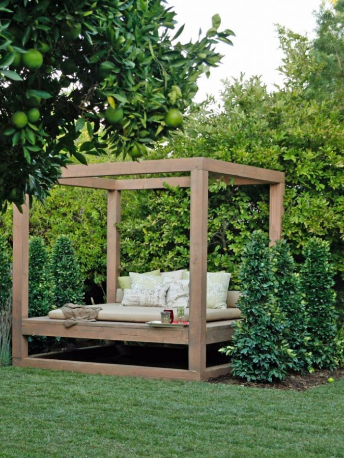 Ideas Brown Wooden Canopy As Well As White Pattern Pillows Near Green Tree On Green Grass Yard Fascinating Scheme Of Outdoor Daybed Escorted By Canopy Showing Modern Plan Various Contemporary Designs Of Outdoor Beds