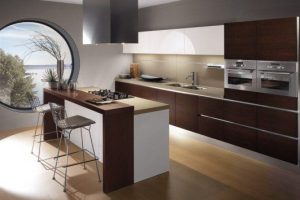 Kitchen Designs Thumbnail size Brown Wooden Flooring Circle Glass Window Grey Wall Brown Kitchen Cabinet Oven Stove Stainless Faucet Chair Kitchen Island With Brown Countertop Washstand Amazing Kalea Kitchen Design Ideas