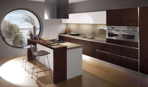 Kitchen Designs Brown Wooden Flooring Circle Glass Window Grey Wall Brown Kitchen Cabinet Oven Stove Stainless Faucet Chair Kitchen Island With Brown Countertop Washstand Amazing Kalea Kitchen Design Ideas Combining Two Materials For New Countertop