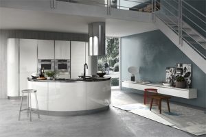 Kitchen Designs Thumbnail size Circular White Kitchen Island With Black Countertop Stainless Faucet Double Wall Oven Small Wooden Table Modern Kitchen Design Ideas Small Kitchen Ideas Tiny Kitchen Design Staircase Design