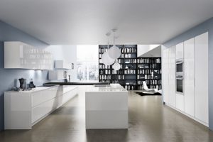 Kitchen Designs Thumbnail size Classic White Gloss Kitchen White Kitchen Island White Kitchencabinet White Countertop Brown Flooring Pendant Lamp Bookshelf Small Kitchen Desin Modern Kitchen Design Ideas