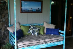 Ideas Colorful Pattern Cushions Escorted By Blue Wooden Frame Having Wooden Canopy On Stone Floor Fascinating Scheme Of Outdoor Daybed Escorted By Canopy Showing Modern Plan Black-Rattan-Frame-Base-As-Well-As-Curvy-White-Canopy-Near-Black-Wooden-Table-On-Green-Grass-Yard-Fascinating-Scheme-Of-Outdoor-Daybed-Escorted-By-Canopy-Showing-Modern-Plan