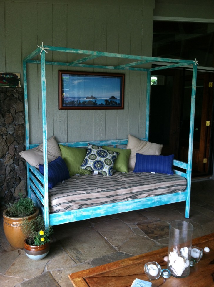 Colorful Pattern Cushions Escorted By Blue Wooden Frame Having Wooden Canopy On Stone Floor Fascinating Scheme Of Outdoor Daybed Escorted By Canopy Showing Modern Plan Ideas