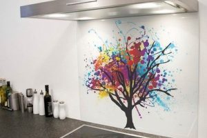 Kitchen Designs Thumbnail size Colorful Tree Picture Splashback White Wall White Kitchen Island Black Ceramic Kitchen Countertop Stainless Smoke Hole Bottles Design