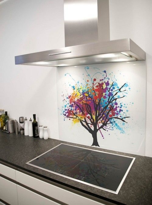 Kitchen Designs Colorful Tree Picture Splashback White Wall White Kitchen Island Black Ceramic Kitchen Countertop Stainless Smoke Hole Bottles Design Kitchen Design Layout For Minimalist House