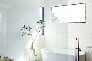 Bathroom Designs Thumbnail size Comely Image Of White Dwell Magazine Bathroom Decoration Using Mount Ceiling Round Shower Head Including Oval White Ceramic Freestas Well Asing Bathtub As Well As White Mosaic Tile Bathroom Flooring Breath