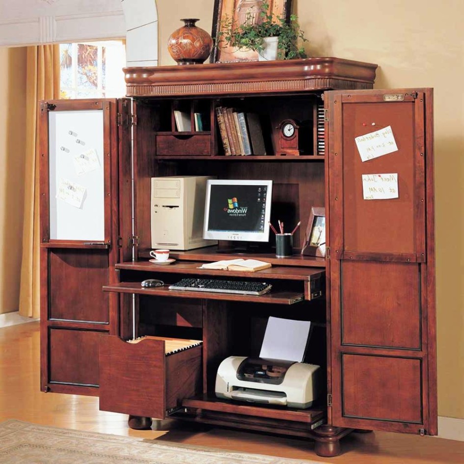 Comfortable Computer Armoire Desk Design Ideas And Orange Curtain And Racks Set For Home Office Design Ideas With Two Doors And Bright Wall And Carpet Flooring With Laminate Floor Ideas Furniture + Accessories