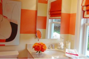 Bathroom Designs Thumbnail size Bathroom Designs Contemporary Orange Bathroom Design Ideas With White Washbasin And Small Faucet And Bathroom Ideas Tile Mounted Mirror And Glass Window With Orange Curtain Ceramic For Bathroom Ideas Tile