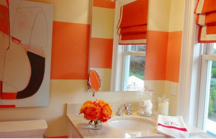 Bathroom Designs Medium size Contemporary Orange Bathroom Design Ideas With White Washbasin And Small Faucet And Bathroom Ideas Tile Mounted Mirror And Glass Window With Orange Curtain