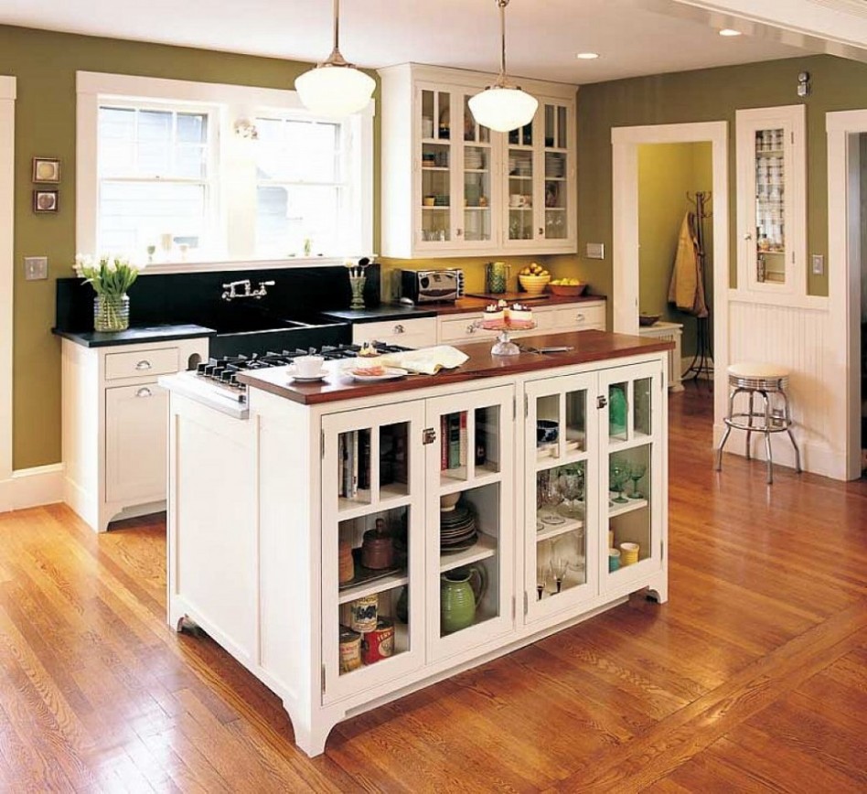 Cool Picture Of Small Kitchen Scheme As Well As Decoration Using Rectangular White Wood Glass Door Kitchen Island Including Black Granite Kitchen Counter Tops As Well As Light Green Kitchen Wall Paint Ideas