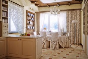 Kitchen Designs Thumbnail size Country Style Kitchen Dining Area White Chandelier Floor Lamp White Kitchen Units Cream Pattern Curtains White Dining Table White Dining Set Dining Chairs Glass Window Cutlery Cream Design