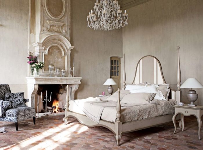 Ideas Cream Bedroom Design Ideas Fireplace Double Table Lamp On The Small Table With Single Drawer Cream Bed Sheet Cozy Bed Cream Pillow White Pillow Chandelier Floral Cushion Floral Ideas Attractive Fireplace Stone Veneer