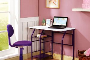 Furniture + Accessories Thumbnail size Cute White Small Computer Desk Ideas For Girl And Rattan Basket For Home Office Design Ideas With Purple Swivel Chair And Pink Wall Design With Glass Window With Laminate Flooring Ideas