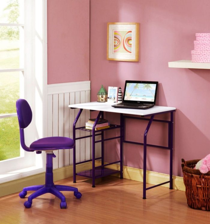 Furniture + Accessories Medium size Furniture + Accessories Cute White Small Computer Desk Ideas For Girl And Rattan Basket For Home Office Design Ideas With Purple Swivel Chair And Pink Wall Design With Glass Window With Laminate Flooring Ideas Corner And Kidney Shaped Desk Home Office Desk Ideas