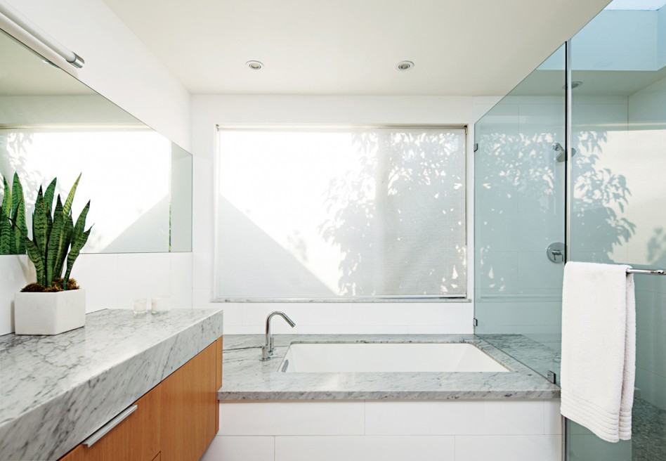 Delectable Picture Of Modern White Dwell Magazine Bathroom Decoration Using White Marble Bathroom Vanity Tops Including White Marble Bathtub Surround As Well As Small Plant Bathroom Vanity Decor Bathroom Designs