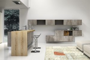 Kitchen Designs Thumbnail size Elegant Rustic Kitchen White Wall Brown Wall Shelf Brown Kitchen Island Stainless Faucet Bar Stool Glass Door White Ceramic Flooring Floral Carpet Flooring White Comfy Sofa Wooden Countertop