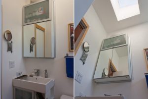 Bathroom Designs Thumbnail size Endearing Picture Of White Dwell Magazine Bathroom Scheme As Well As Decoration Using Hanging Wall Mirror Bathroom Cabinet Including Glass Sliding Bathroom Vanity As Well As Skylight In Bathroom Breathtaking