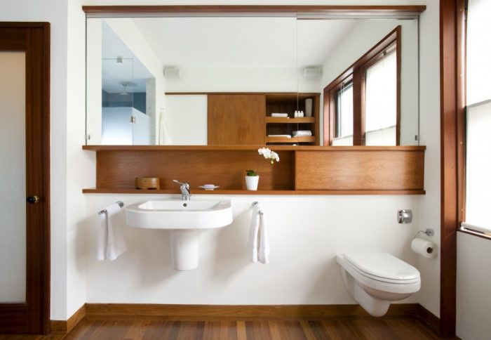 Bathroom Designs Medium size Entrancing Image Of Modern Dwell Magazine Bathroom Decoration Using Modern Oak Wood Bathroom Cabinet Including Solid Oak Wood Tile Bathroom Flooring As Well As Mount Wall White Ceramic Bathroom Sink