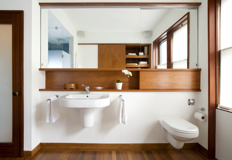 Entrancing Image Of Modern Dwell Magazine Bathroom Decoration Using Modern Oak Wood Bathroom Cabinet Including Solid Oak Wood Tile Bathroom Flooring As Well As Mount Wall White Ceramic Bathroom Sink Bathroom Designs