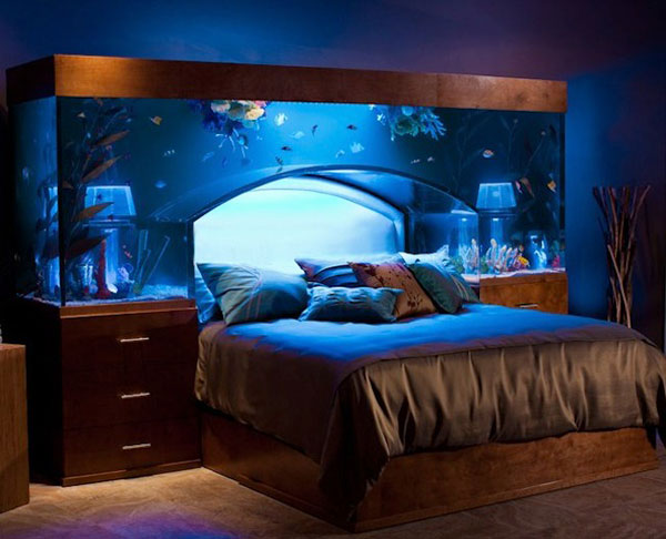 Extraordinary Design Bedroom With Fish Tank Headboard Design Ideas With Cozy Bed Pillow And Bed Covers Girl And Boys Bedroom Design Ideas With Blue Wall And Brown Flooring Design Bedroom Designs