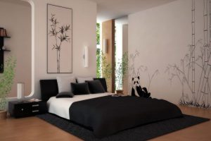 Ideas Thumbnail size Fascinating Modern Bedroom Design Ideas For A Perfect Bedroom With Cozy Bed Black Bed Cover Pillow White Wall With Panda Picture Wooden Floor Table Lamp Black Carpet Design