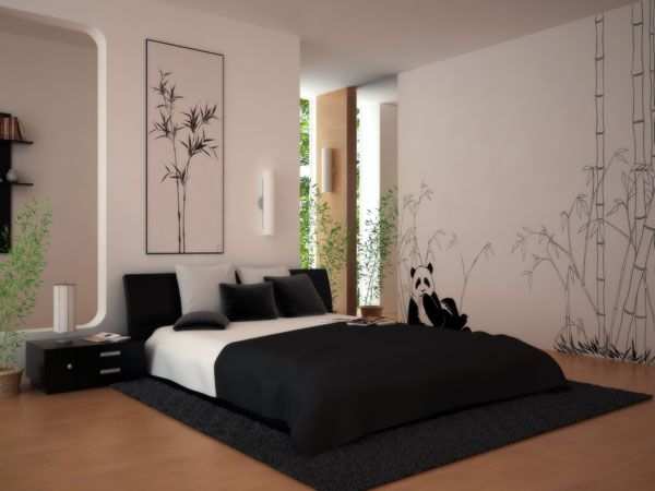 Ideas Fascinating Modern Bedroom Design Ideas For A Perfect Bedroom With Cozy Bed Black Bed Cover Pillow White Wall With Panda Picture Wooden Floor Table Lamp Black Carpet Design What To Look For When Buying A Mattress For You