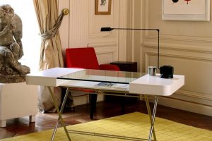 Furniture + Accessories Thumbnail size Fascinating Modern Home Office Desk Design Idea In White With Glass Accent Silver Pedestal Black Desk Lamp And Red Chair Fabulous Modern Home Office Desk Design Ideas